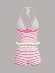 SHEIN PETITE 2pcs/Set Summer Vacation Handmade Crochet Contrast Color Floral Trim Camisole Top And Contrast Color Super Short Mini Skirt Set For Women In Fall/Winter - Baby Pink - View 2