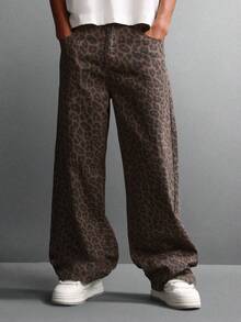 SUMWON 棉质豹纹阔腿宽松牛仔裤高腰牛仔裤舒适街头风节日裤秋冬时尚休闲裤 - 棕色 - 查看 1