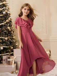 Girls' Layered Ruffle V-Neck Tie Bow Front Short Back Long Dress, Suitable For Flower Girl, Wedding, Prom, Birthday Party, Back To School, Graduation, Christmas, Halloween Fall Winter - Watermelon Pink - View 6