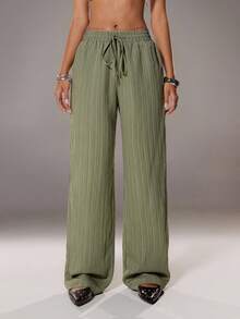 SHEIN Unity Textured Fabric Loose Straight Leg Casual Women Pants - Army Green - View 3