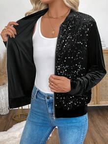 EMERY ROSE Women's Fashionable Commuter Sequin Patchwork Jacket In Fall/Winter,Cozy Fall And Winter Clothes For Women - Black - View 3