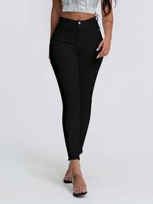 SHEIN Essnce 女式休闲百搭纯色紧身牛仔裤 - 黑色 - 查看 5