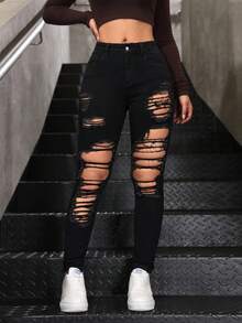 SHEIN ICON Women Plus Size Winter Distressed Black Denim Jeans - Black - View 3