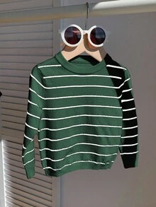 SHEIN 儿童男婴和女婴舒适条纹针织毛衣，休闲百搭圆领长袖套头衫，适合秋冬季、幼儿园