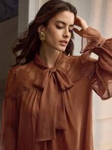 ZEYLAH Lace Patchwork Long Sleeve Flowy Blouse & Skirt Elegant 2-Piece Set - Coffee Brown - View 2