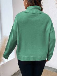 EMERY ROSE Plus Size Women's Casual High Neck Loose Knit Pullover Sweater With Braided Drawstring, Green, Regular - Mint Green - View 2