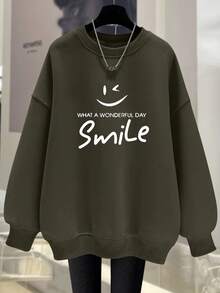 EMERY ROSE 畅销新款笑脸常规加大码女式圆领运动衫，橄榄绿 - 墨綠色 - 查看 1