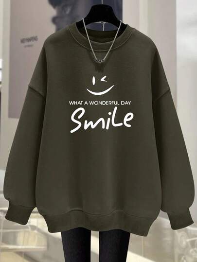 EMERY ROSE 畅销新款笑脸常规加大码女式圆领运动衫，橄榄绿