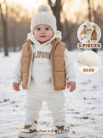 Cozy Pixies 3 pezzi Set di abbigliamento per neonato maschio, composto da felpa con cappuccio in maglia morbida con stampa di lettere minimalista, pantaloni in vita elastica e gilet imbottito senza maniche