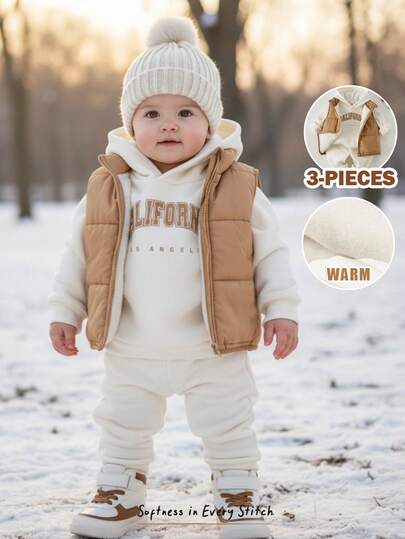 Cozy Pixies Conjunto de 3 piezas para bebé niño con sudadera con capucha de punto suave con estampado de letras minimalista, pantalones de cintura elástica y chaleco acolchado sin mangas
