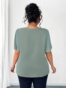 Elenzga Plus Size Asymmetrical Ruffle Collar Button Decor Short Sleeve Elegant Blouse - Green - View 2