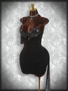 Amplova Y2K Amplova Party Plus Size Dresses Sequined Triangle Bra Strap Sleeveless Sexy Mesh Wrap Stitching Tight Hip Mini Dress Elegant Dresses For Women Wedding Guest Dress Party Dress