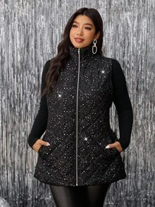 SHEIN Clasi 冬季大码时尚银箔无袖夹克 - 黑色 - 查看 7