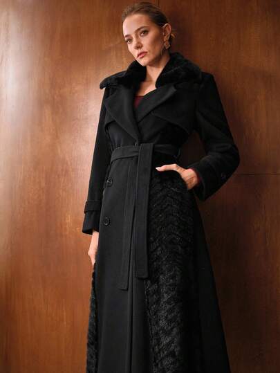 CONTRAST FUZZY COLLAR BELTED OVERCOAT