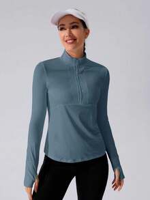 With My Calm Women's Sports Half Zip Long Sleeve Top With Thumb Holes - Blue - View 5