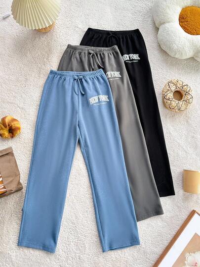 SHEIN 3件套美式休闲字母印花裤，女童家居服套装