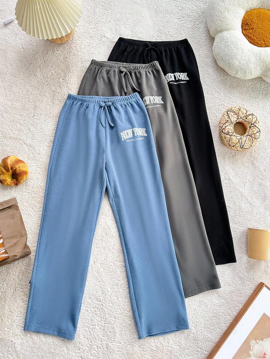 SHEIN 3件套美式休闲字母印花裤,女童家居服套装 - 彩色 - 查看 1