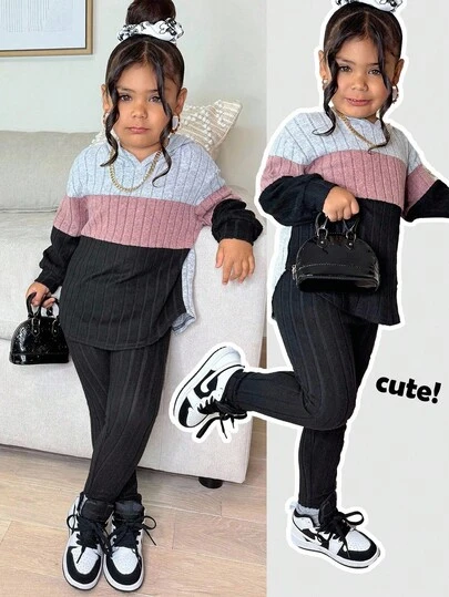 2 件套年轻女孩罗纹针织连帽运动衫和紧身裤，休闲日常时尚百搭秋冬服装