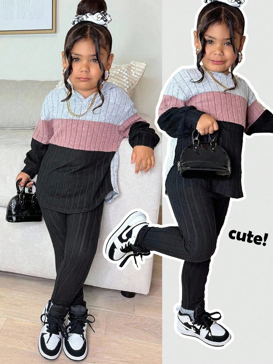 2 件套年轻女孩罗纹针织连帽运动衫和紧身裤，休闲日常时尚百搭秋冬服装 - 彩色 - 查看 1