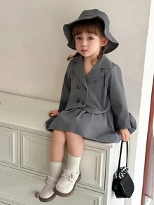 SHEIN 3pcs/Set Baby Girl British Style Grey Jacket Outfit - Double-Breasted Blazer, Pleated Skirt, And Hat Fall Winter - Grey - View 5