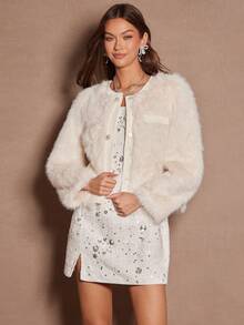 Enchnt Abrigo de mujer de invierno/otoño de tweed blanco con parches, botones de perlas falsas y manga larga con pelo sintético, elegante y de moda para fiestas, citas, vacaciones, graduación, salidas, Halloween y Navidad - Blanco - Ver 8
