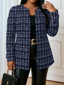 SHEIN Lady Veste de costume à carreaux élégante et ouverte sur le devant pour femmes grandes tailles. Tenues d'été pour femmes, robes d'été pour femmes, tenues de vacances pour femme, tenues de plage pour femme, robe de témoin de mariage pour femme, robes d'anniversaire pour femmes, tenue décontractée chic imprimé guépard pour femme, tenues d'anniversaire pour femmes, tenues d'automne pour femmes - Bleu marine - Voir 1