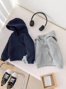 SHEIN 2 件套婴儿男童/女童休闲纯色连帽夹克，灰色和黑色连帽衫，适合秋冬季 - 彩色 - 查看 5