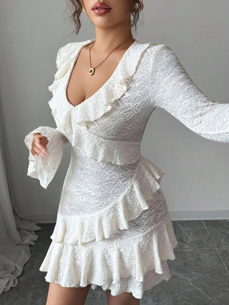 Modelyn Váy ngắn dệt kim jacquard thanh lịch và thời trang với chi tiết xếp nếp dành cho nữ - Màu be - Xem 1
