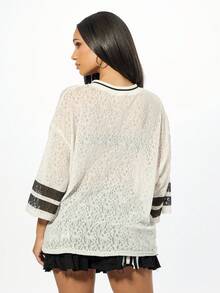 SUMWON WOMEN Boxy Fit Oversized Lace Varsity Jersey Number 23 Statement Top - White - View 2