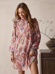 LanaWest LanaWest Women's Pattern Retro Print Ruffle Lantern Sleeve Loose Casual Dress