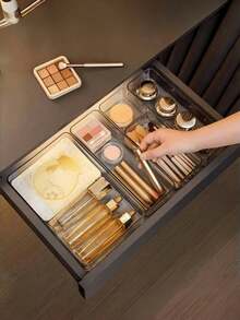 Conjunto de bandejas organizadoras de gavetas, plástico transparente, armazenamento para maquiagem, cuidados com a pele, cosméticos, material de escritório, acessórios de mesa, banheiro, utensílios de cozinha, 6 peças, 7 peças, 8 peças, caixa divisória empilhável de vários tamanhos para organização de gavetas, solução de armazenamento doméstico - Claro - Ver 2