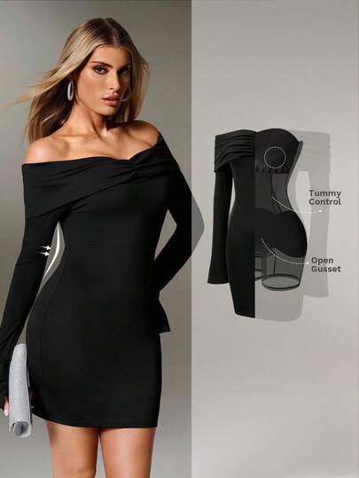 Nuvra 女式纯色露肩长袖短款修身派对性感连衣裙