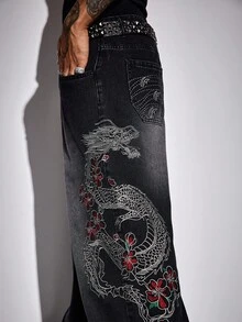 ROMWE MEN Street Life Jeans anchos y sueltos de moda casual para hombres con bordado de dragón chino y patrón floral lavado - Negro - Ver 7