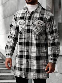 Manfinity Homme 男士格子单排扣休闲长袖百搭夹克，黑白法兰绒，男士格子夹克，黑色格子衬衫，黑白男士衬衫，灯芯绒 - 彩色 - 查看 4