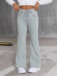 Tween 女童休闲街头时尚优雅 Y2K 风格浅水洗蓝色和粉色蝴蝶刺绣高腰可调节弹性喇叭牛仔裤