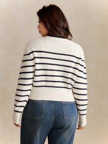 Elaquor 秋季大码休闲通勤条纹开衫 - 藍白色 - 查看 2