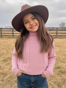 Emery Rose Kids Emery Rose Kids 女童少女粉色麻花編織高領秋季毛衣，冬季假期純色高領長袖套頭衫，柔軟保暖休閒不對稱下擺 - 粉色 - 查看 2