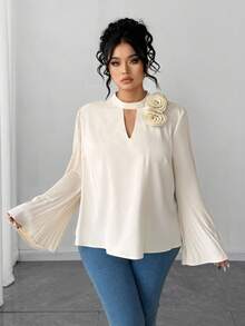 SHEIN Elenzya 大码女式纯色圆领褶袖优雅衬衫，适合日常穿着和派对，春秋季长袖 - 杏色 - 查看 4