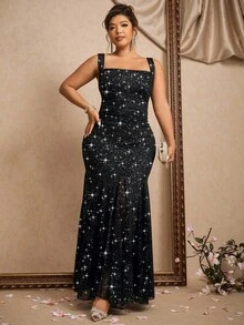 Allurite Vestido largo de mujer de talla grande, vestido sin mangas de cuello cuadrado con dobladillo de malla empalmado, brillante con brillo adecuado para fiesta, banquete, vestido largo de estilo de reina - Negro - Ver 5