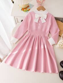 SHEIN 毛衣连衣裙，冬季服装，冬季套装，儿童冬季服装，秋季服装，万圣节，万圣节服装，圣诞节服装，休闲简约收腰长袖女童毛衣连衣裙 - 粉色 - 查看 6