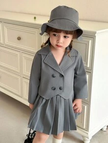 SHEIN 3pcs/Set Baby Girl British Style Grey Jacket Outfit - Double-Breasted Blazer, Pleated Skirt, And Hat Fall Winter - Grey - View 3