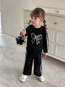 SHEIN Baby/Toddler Girls 0-3Y Casual Cute Fruit Pear Print Round Neck Long Sleeve Sweatshirt + Ribbed Leggings Pants 2-Piece Set, Spring/Summer Fall Winter - Black - View 3