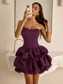 Vowa 优雅棕色简约露肩美人鱼下摆泡泡裙，腰带设计，适合约会、度假、生日、派对、毕业典礼、舞会 - 紫紅色 - 查看 4