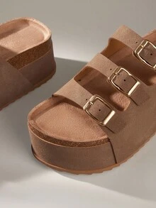 Solecia 女士动物印花双扣铆钉设计圆头平底厚底户外度假休闲甜美可爱派对约会下午茶一脚蹬厚底坡跟凉鞋 - 摩卡棕 - 查看 6