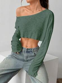 Flirla Top corto asimétrico de hombro de unicolor y sexy - Verde militar - Ver 5