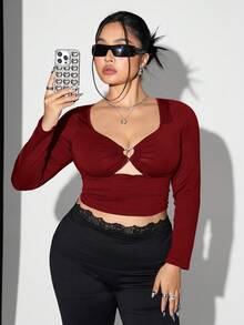 SHEIN ICON 加大码心形钻石装饰透明网眼拼接修身镂空长袖黑色T恤 - 酒紅色 - 查看 2