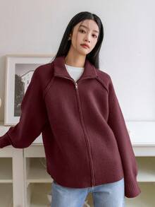 Dazy-Less Áo len cardigan dệt kim dáng rộng màu đỏ mận thời trang thu đông cho nữ, thích hợp cho dịp Giáng sinh và năm mới - Màu Đỏ Sâu - Xem 4