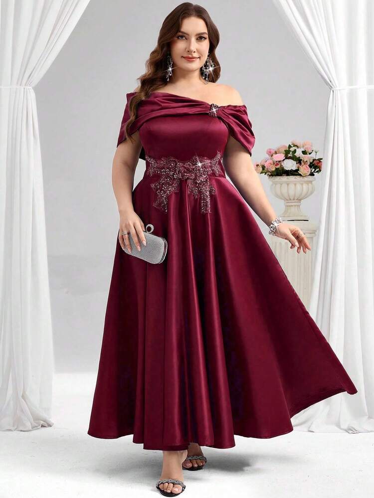 Coutiva Vestido elegante de hombros descubiertos con diseño de aplicaciones y falda de baile de satén de vuelo ancho, adecuado para fiesta de cumpleaños, ceremonia de graduación, invitado de boda, fiesta de regreso a clases, Día de San Valentín - Burdeos - Añade 6