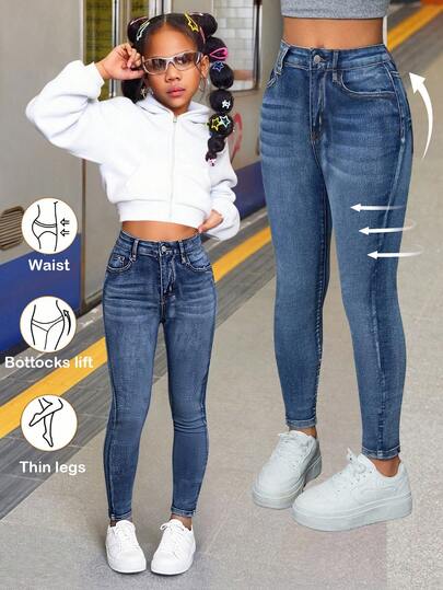 SHEIN Tween Girls Y2K Fashion Casual Basic Dark Blue Denim Fashionable Stonewashed Cat Whiskers High Elasticity Skinny Jeans,For Girls Fall/Winter Dailywear Costume,Girls Streetwear Outfits,Girls Halloween And Christmas Outfits,Winter Jeans,Teen Jeans