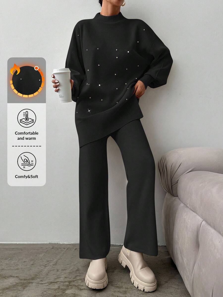 EURMUSE Dot Pattern Lantern Sleeve Sweater & Knit Pants - Black - View 1